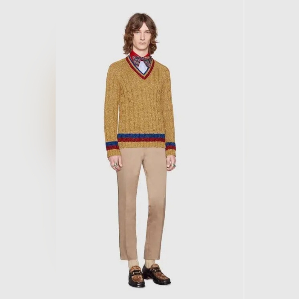 GUCCHI Men's Gold Metallic Gold Cable Knit V Neck Red Blue Sweater